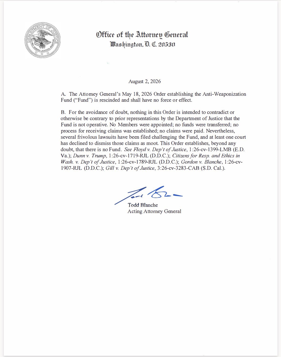 DOJ Order — August 2, 2026