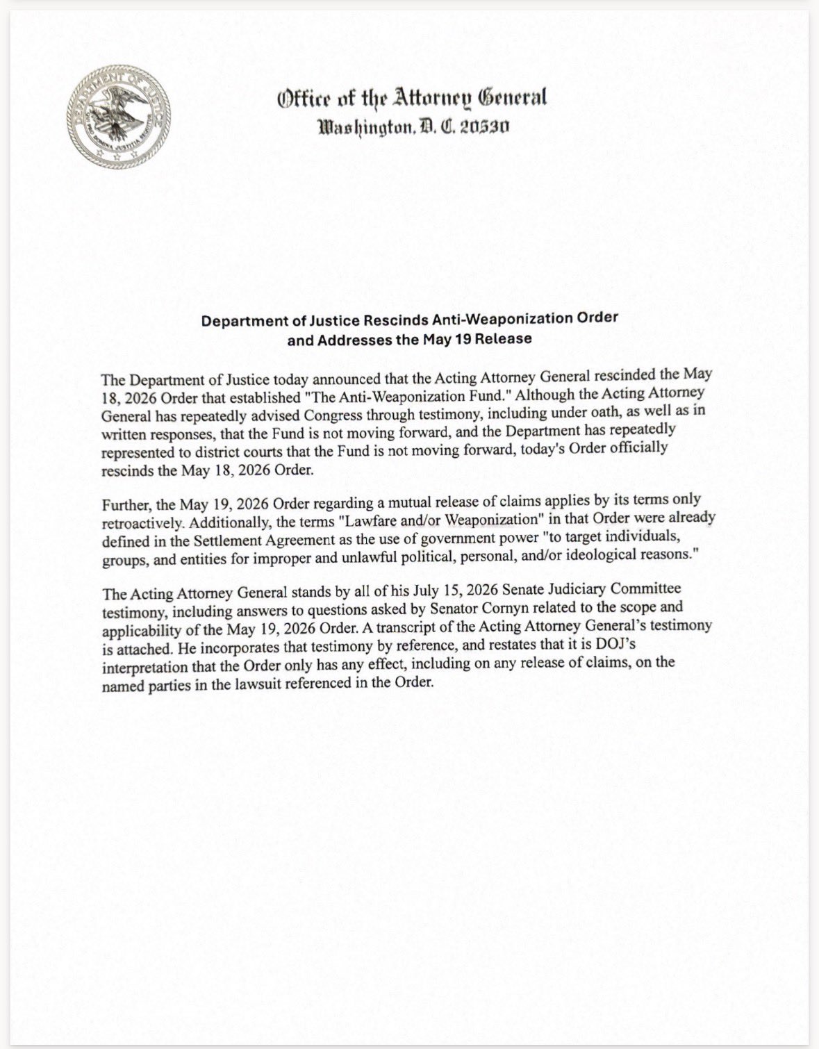 DOJ Press Release — August 2, 2026