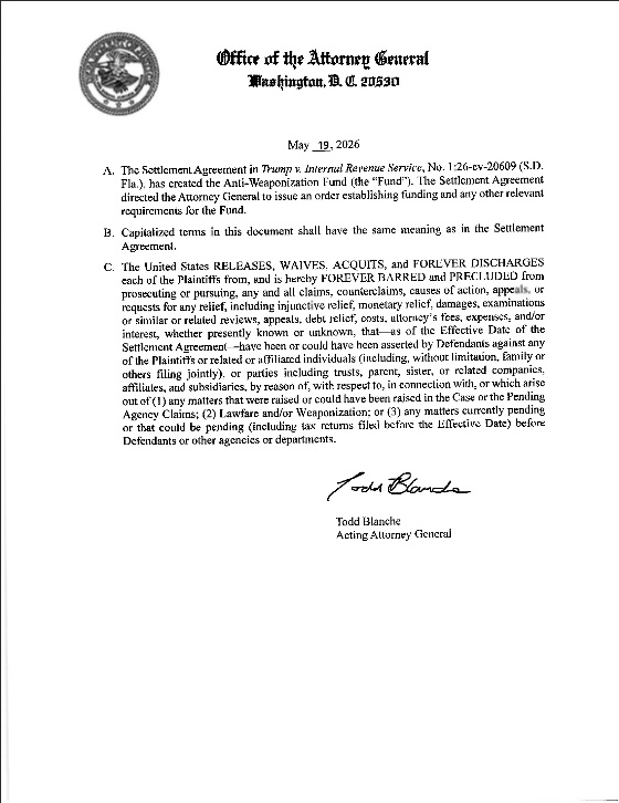 Acting AG Blanche immunity order, May 19 2026